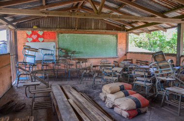 Inside a classroom with old chairs stack up in a public school in Nicaragua. Room and equipment in poor condition and under construction. Concept for education in developing countries clipart
