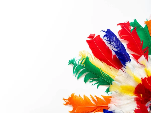 Indian Party Headgear on White Background with colorful feathers. Children costume for holidays. Copy space for text