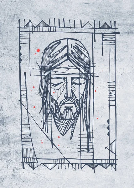 Hand drawn illustration or drawing of Jesus Christ face at the Crucifixion