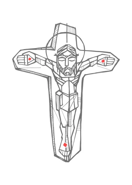 Handgetekende Illustratie Tekening Van Jezus Christus Bij Kruisiging — Stockvector