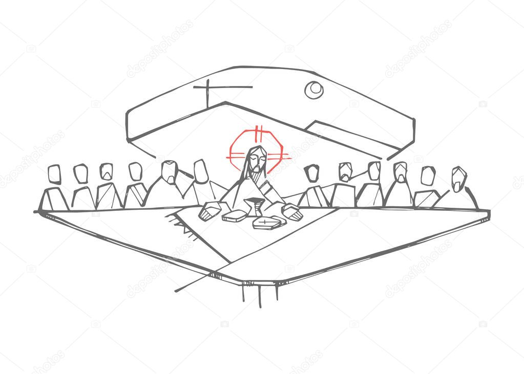 Hand drawn illustration or drawing of Jesus Christ and disciples at the last supper