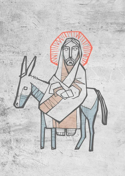Hand drawn illustration or drawing of Jesus Christ on a donkey, entering to Jerusalem
