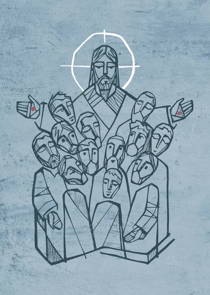 Hand drawn illustration or drawing of Jesus Christ with disciples