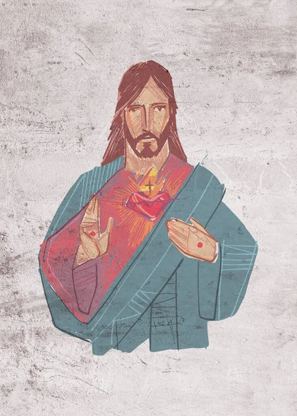 Ilustración Dibujada Mano Dibujo Jesucristo Sagrado Corazón — Foto de Stock