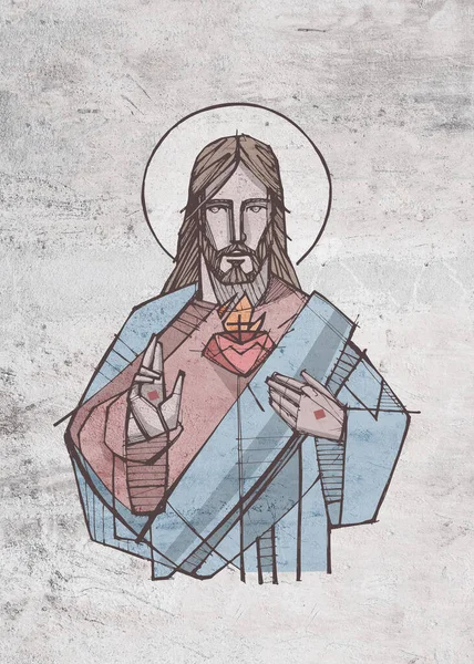 耶稣和圣心的手绘插图或图画 — 图库照片