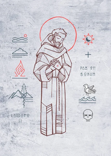 用拉汀的短语手绘圣弗朗西斯和基督教符号的插图或图画 意思是 赞美你 和平与美好 — 图库照片