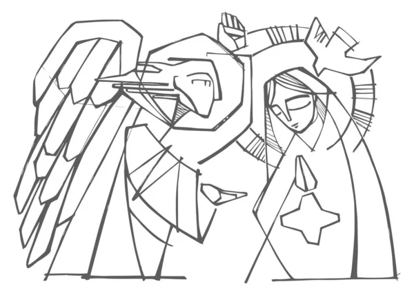 Χειροποίητη Διανυσματική Απεικόνιση Σχέδιο Του Αγγέλου Γαβριήλ Και Της Παναγίας — Διανυσματικό Αρχείο