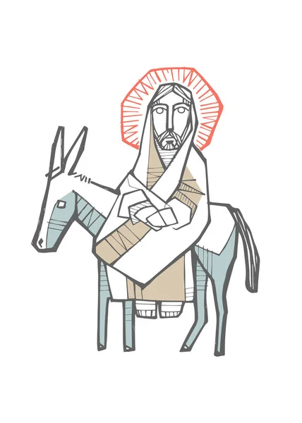 Ilustración Vectorial Dibujada Mano Dibujo Jesucristo Burro Entrando Jerusalén — Archivo Imágenes Vectoriales