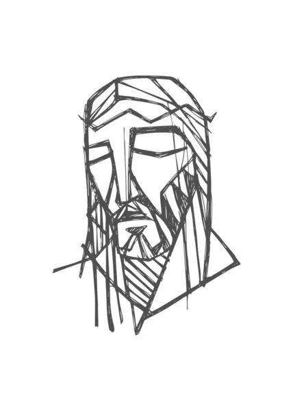 Handgetekende Vectorillustratie Tekening Van Jezus Christus Gezicht Bij Zijn Lijden — Stockvector