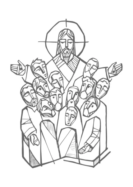 Handgetekende Vectorillustratie Tekening Van Jezus Christus Met Discipelen — Stockvector