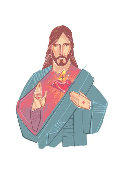 Handritad Vektor Illustration Eller Teckning Jesus Kristus Och Heliga Hjärtat — Stock vektor