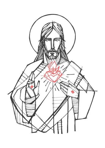 Ilustración Dibujada Mano Dibujo Jesucristo Sagrado Corazón — Archivo Imágenes Vectoriales