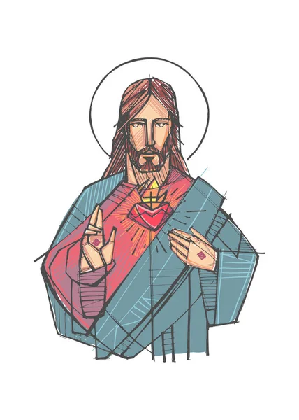 Ilustração Vetorial Desenhada Mão Desenho Jesus Cristo Sagrado Coração — Vetor de Stock