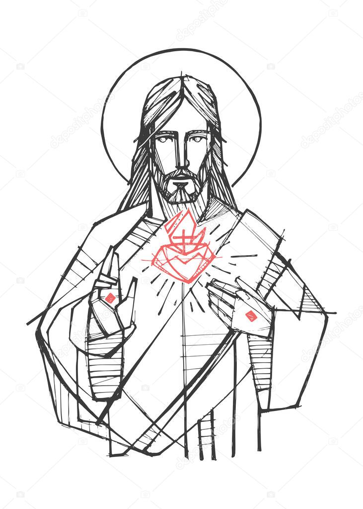 Hand drawn illustration or drawing of Jesus Christ and Sacred Heart