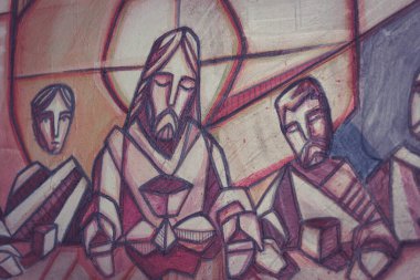 İsa ve müritlerinin son akşam yemeğinde sanatsal bir resim.