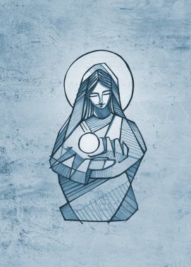 Hand drawn illustration or drawing of Virgin Mary with baby Jesus Christ clipart