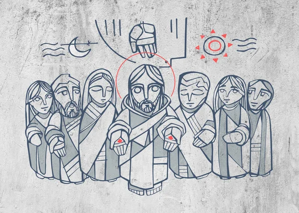 Hand drawn illustration or drawing of Jesus Christ, Virgin Mary, disciples and christian religious symbols