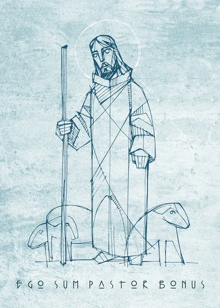 Ručně Kreslené Ilustrace Nebo Kresba Ježíše Krista Dobrý Pastýř Fráze — Stock fotografie