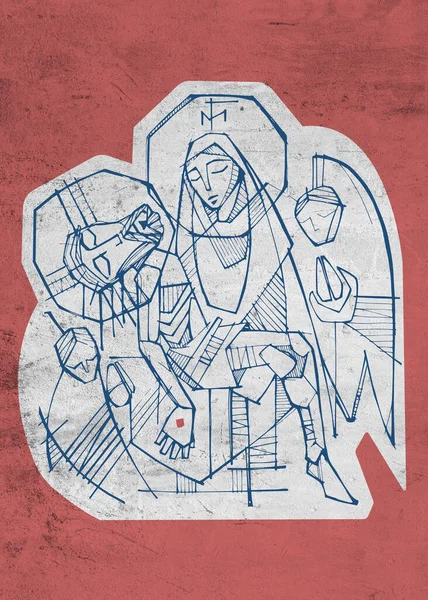 Ilustración Dibujada Mano Dibujo Virgen María Sosteniendo Jesucristo Pasión Ángeles —  Fotos de Stock