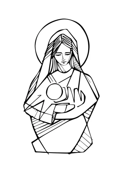 Handritad Illustration Eller Teckning Jungfru Maria Med Barnet Jesus Kristus — Stock vektor