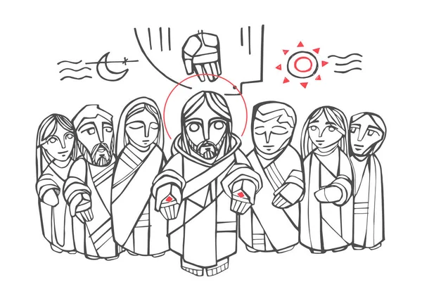Illustration Vectorielle Dessinée Main Dessin Jésus Christ Vierge Marie Disciples — Image vectorielle