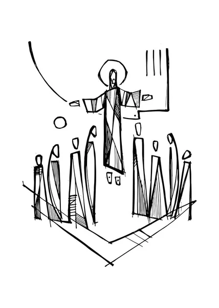 Kézzel Rajzolt Vektor Illusztráció Vagy Rajz Jézus Krisztus Apostolok Felemelkedése — Stock Vector