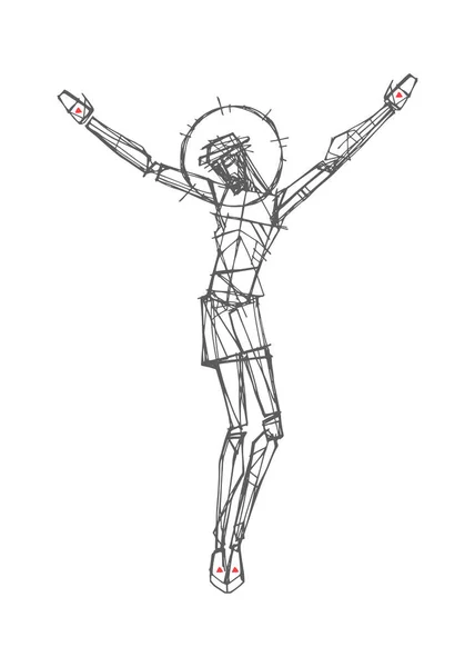 手绘插图或耶稣基督在十字架上的绘图 — 图库矢量图片