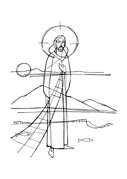 Ilustración Vectorial Dibujada Mano Dibujo Jesucristo Como Pescador Con Redes — Archivo Imágenes Vectoriales