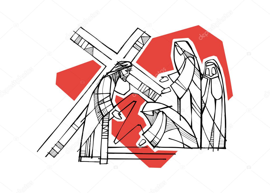 Hand drawn illustration or drawing of Jesus Christ and Virgin Mary and other women at the Crucifixion