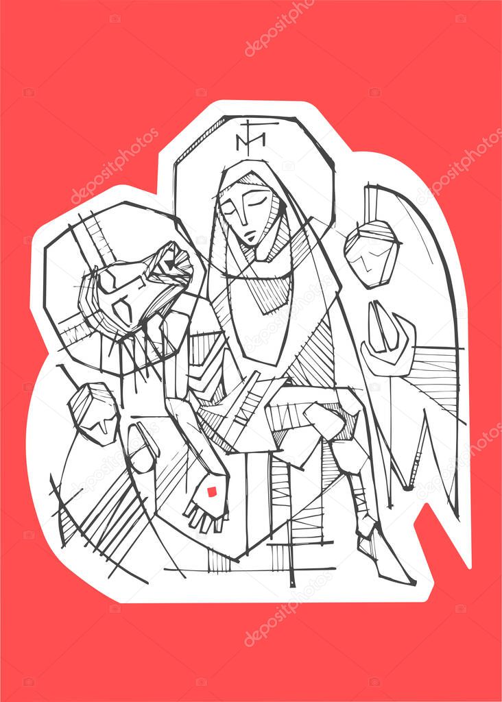 Hand drawn vector illustration or drawing of Virgin Mary holding Jesus Christ at his passion and angels in background