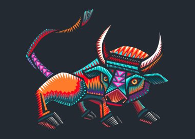Geleneksel alebrije tarzında el çizimi vektör çizimi veya renkli bir Meksika yerli boğasının çizimi