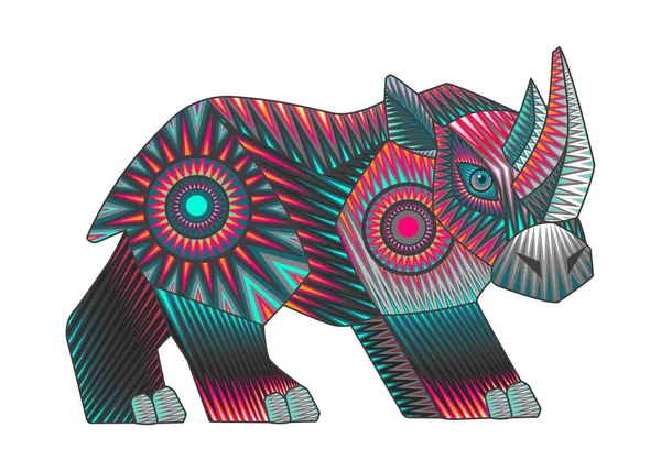 Hand Drawn Vector Illustration Drawing Colorful Mexican Indigenous Rhino Traditional — 图库矢量图片