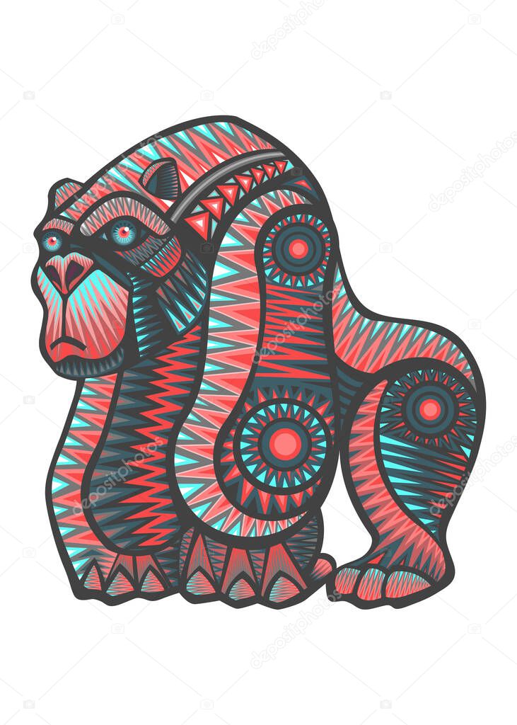 Hand drawn vector illustration or drawing of a colorful mexican indigenous gorila in a traditional alebrije style