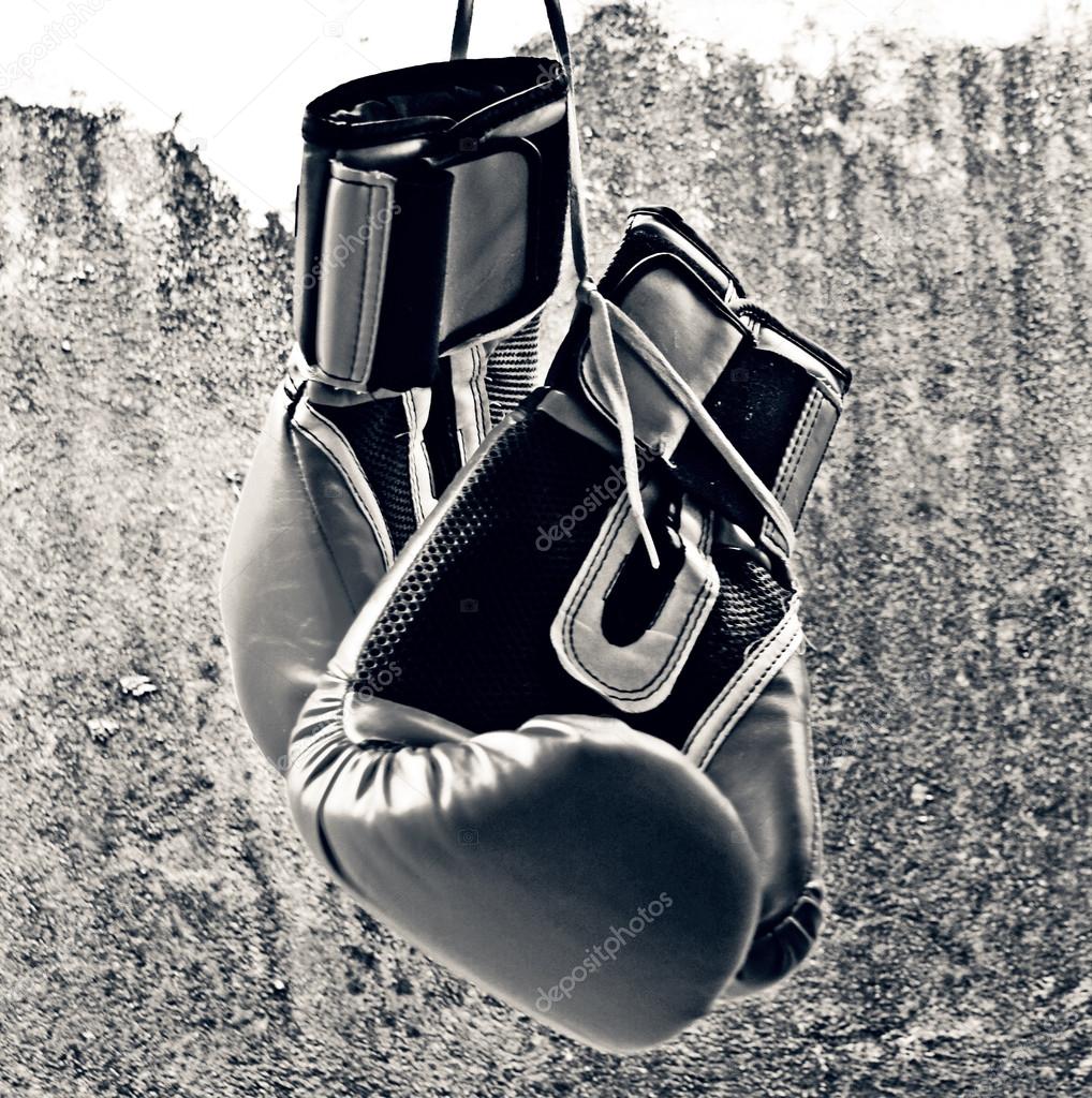Download - Black and white boxing gloves hanging on a grunge wall backgro.....