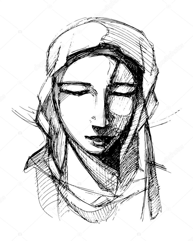 Virgin Mary praying, sketch drawing