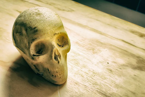 Cráneo en mesa de madera — Foto de Stock