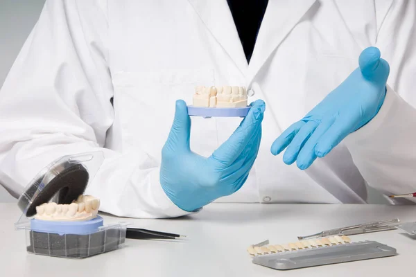 牙科技师手拿着手套 正在展示一个带有人造牙印的牙印 可随时使用 — 图库照片