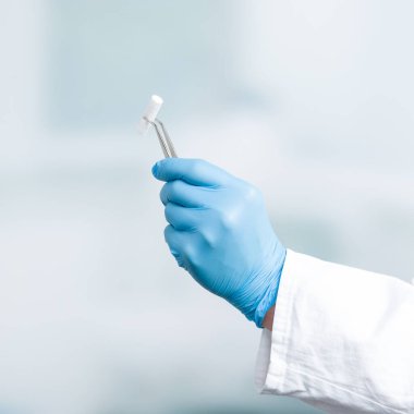 Diş fırçası için pamuk rulo ile dişçinin elini kaldır.