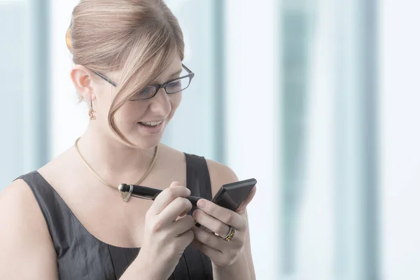 Young Smiling Woman Doing Some Work Calculator Pen — Stock Photo, Image