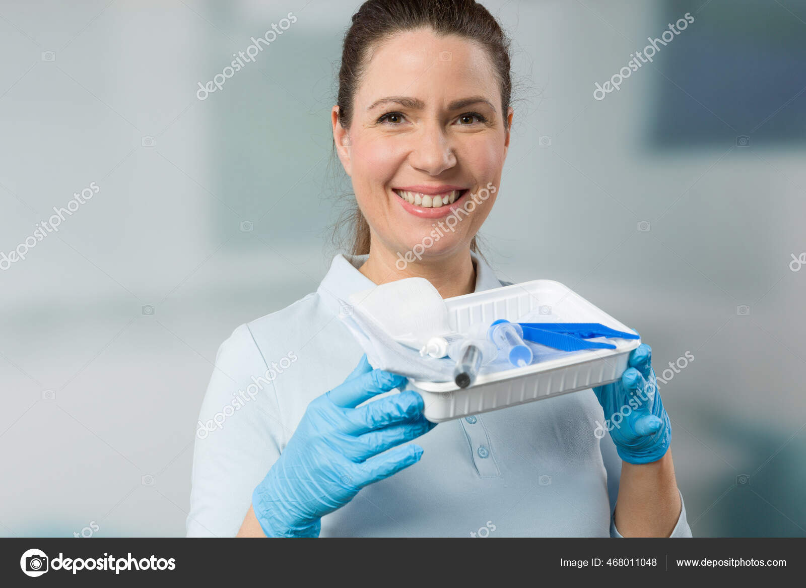 Friendly Nurse Catheter Set Front Clinic Room Stock Photo by