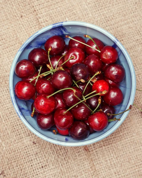 Taze kiraz meyveleri mavi kapta