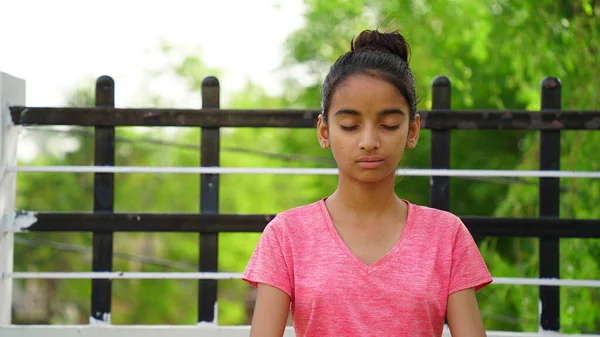 Young Attractive Girl Practicing Yoga Woman Practices Yoga Meditates Lotus — Photo