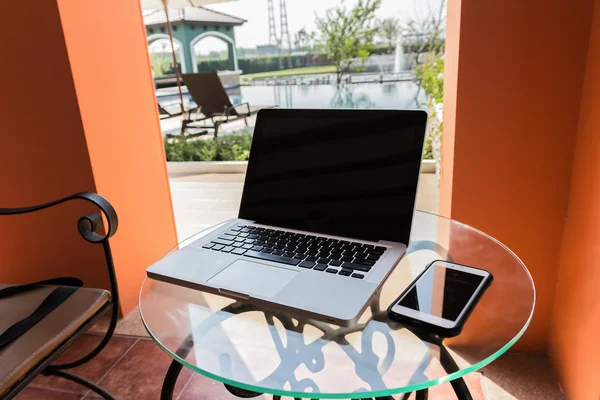 Computador portátil, telefone, livros e plantas na mesa de natação — Fotografia de Stock