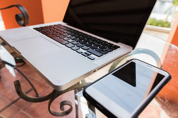 Laptop computer, phone ,books and plant on the table in swimming — Stock Photo, Image