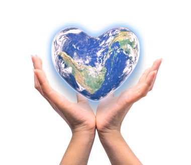 Blue planet in heart shape over woman human hands isolated on wh