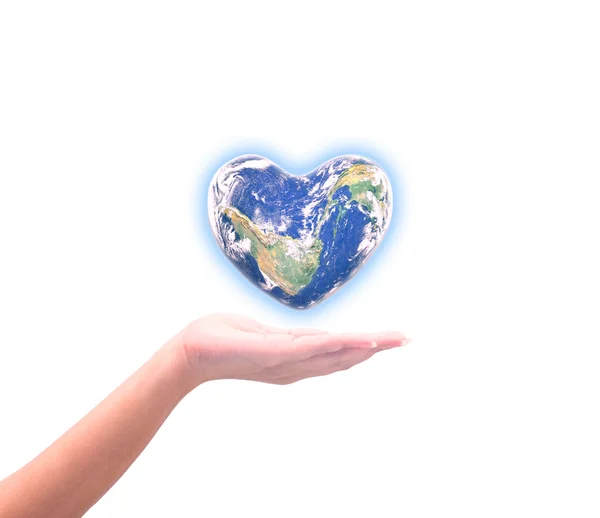 Blue planet in heart shape over woman human hands isolated on wh — Φωτογραφία Αρχείου