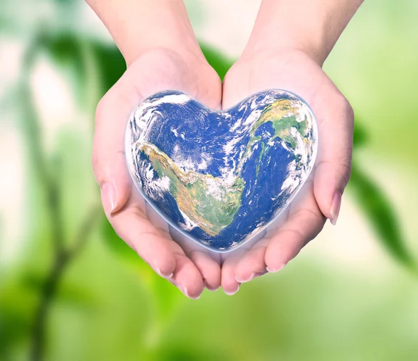 World in heart shape with over women human hands — Stockfoto