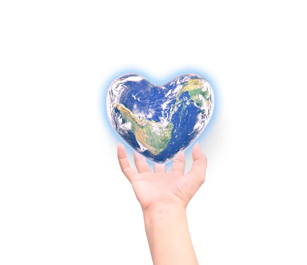 Blue planet in heart shape over woman human hands isolated on wh — Stock Photo, Image