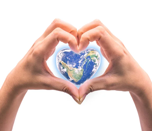 Blue planet in heart shape over woman human hands isolated on wh — Stock Photo, Image