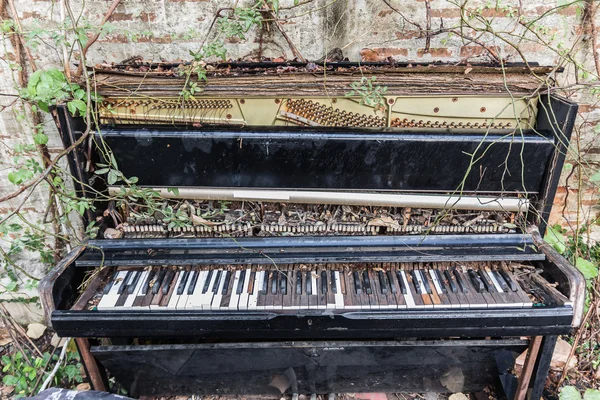 Altes Klavier mit Betonwand und Blatt — Stockfoto